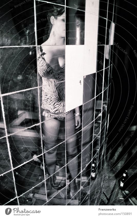 Through a mirror... Mirror Tile Woman Eroticism Breasts Dark Eerie Creepy Reflection Mysterious Unclear Mystic Beautiful Feminine Black & white photo lingerie