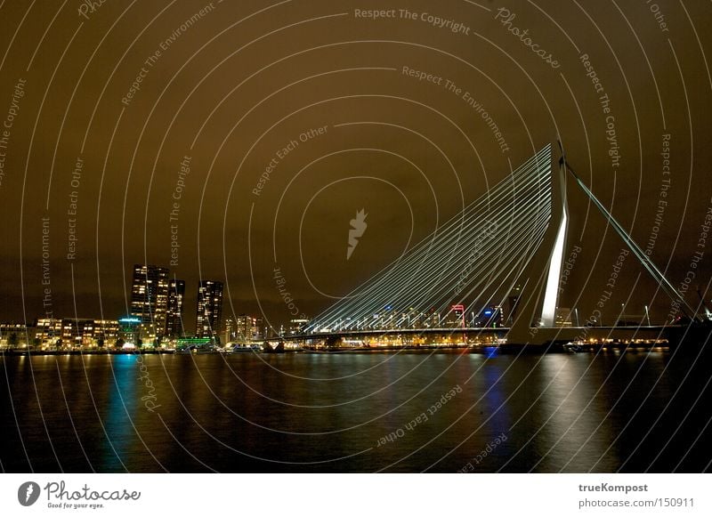 Erasmus Bridge Rotterdam Night Long exposure Light Moody Water Reflection Night life Netherlands Architecture Esthetic Art Culture