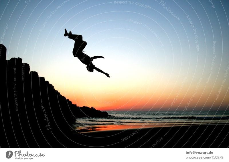 Backflip with sunset Sunset Beach Summer Sports Trick Back somersault France Ocean Athletic Sky Moody Back-light Swimming & Bathing Swimming trunks