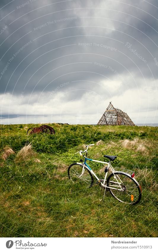 Fischers Bicycle Cycling tour Ocean Landscape Sky Storm clouds Climate Bad weather Rain Grass Meadow Fishing village Outskirts Deserted Manmade structures