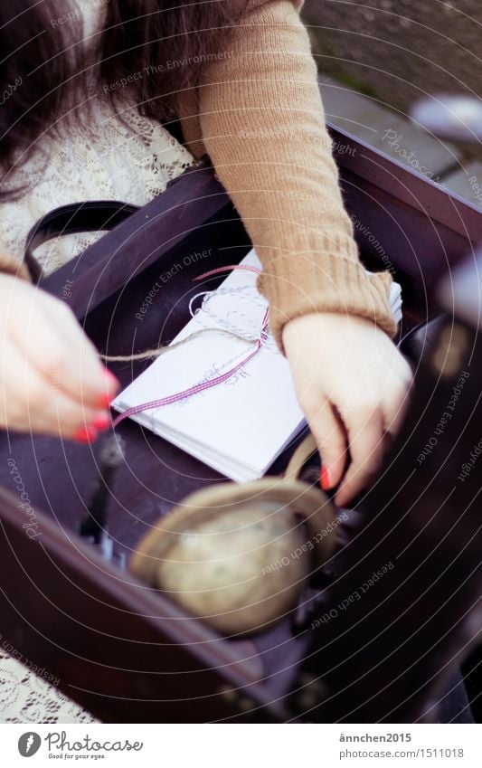 Mysterious suitcase Suitcase Woman Exterior shot Subdued colour Sepia Nail polish Fingers Hand Globe Longing Letter (Mail) Old Retro Vacation & Travel Love