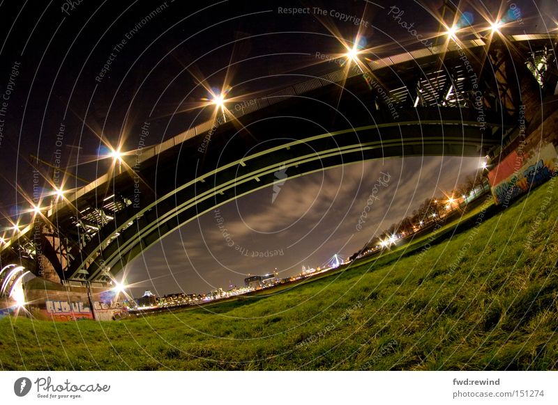 Stargate Bridge Fisheye Night Worm's-eye view Cologne Long exposure Green Lawn Meadow Sky Clouds Steel Light Electricity Night shot Architecture