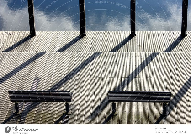 sunbed Bench Footbridge Water Reflection Wood Calm Sky Clouds Shadow Long Bochum Industrial heritage Serene Garden Park Modern Beautiful Westpark