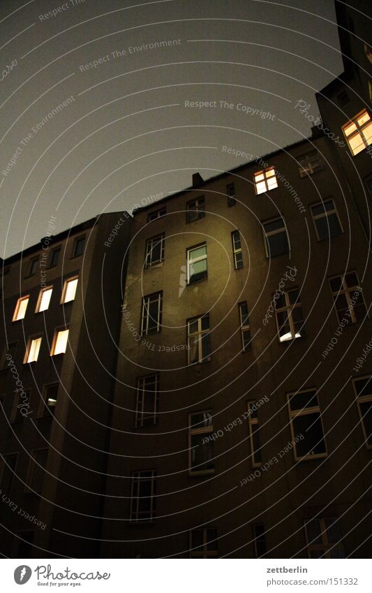 Night again Twilight House (Residential Structure) Town house (City: Block of flats) Courtyard Backyard Window Light Illuminate Neighbor Berlin