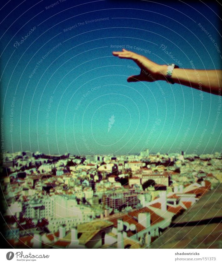 Portuguese home Lisbon Town Hand Vantage point Sky Blue Far-off places Portugal Horizon Landscape House (Residential Structure) Roof Architecture