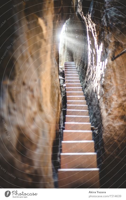 The stairs to the light Sunlight Beautiful weather Rock Mountain Stairs Observe Touch Discover Illuminate Bright Self-confident Optimism Safety