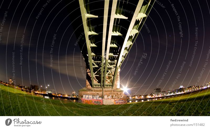 To the land of dreams Town Night Bridge Scaffold Fisheye Steel River bank Logistics Star (Symbol) Stars Sky Meadow Green Light Long exposure Night shot