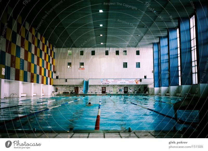 temperature -30 ) Water Sports Blue Human being Things Indoor swimming pool Swimming Swimmer (professional sportsman) Central perspective Interior shot