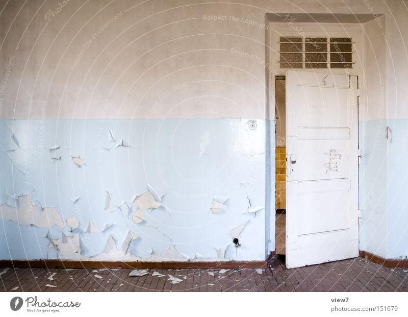 light blue Door Wall (building) Fashioned Wallpaper Pattern Wood Floor covering Ground Hallway Wooden floor Parquet floor Colour Dye Detail Derelict