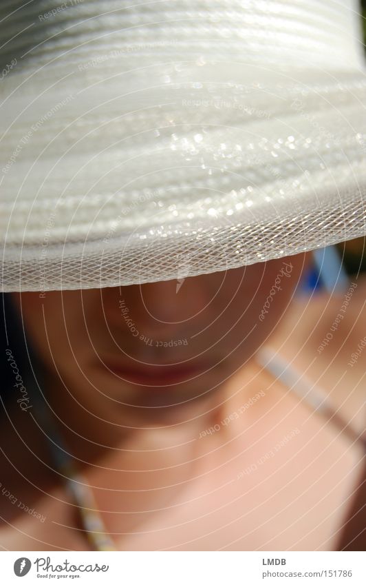 Noble Paleness Hat Headwear Woman Summer White Hide Portrait photograph Face Shadow Light Sunbathing shadowed Weather protection