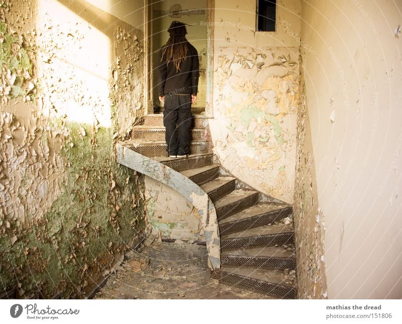 FAST TOP Stairs Old Loneliness Stand Shaft of light Sunlight Colour Dye Bursting Shabby Line Room Dirty Wait Derelict Man Beautiful