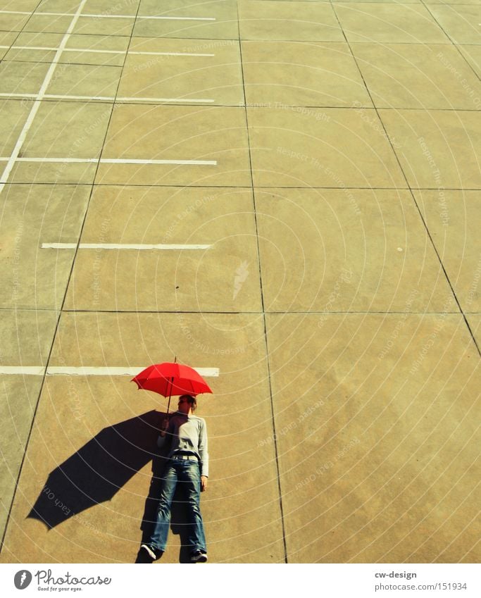 AntiVir On Umbrella Human being Red Concrete Bird's-eye view Parking lot Parking level Beautiful weather Shadow Man Masculine Against Stand Lie Joy