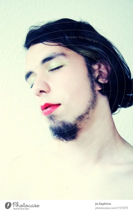 milk and honey Diva Man Face of a man Closed eyes Feminine Androgynous Wearing makeup Lipstick Eye shadow Facial hair Transgender travesty Homosexual LGBT