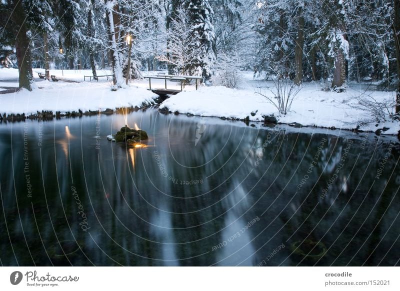 Winter Lake Forest Park Bridge Water Water fountain Floodlight Lantern Snow Ice Reflection Mirror Fir tree Peace Garden bad wörishofen Reflection & Reflection