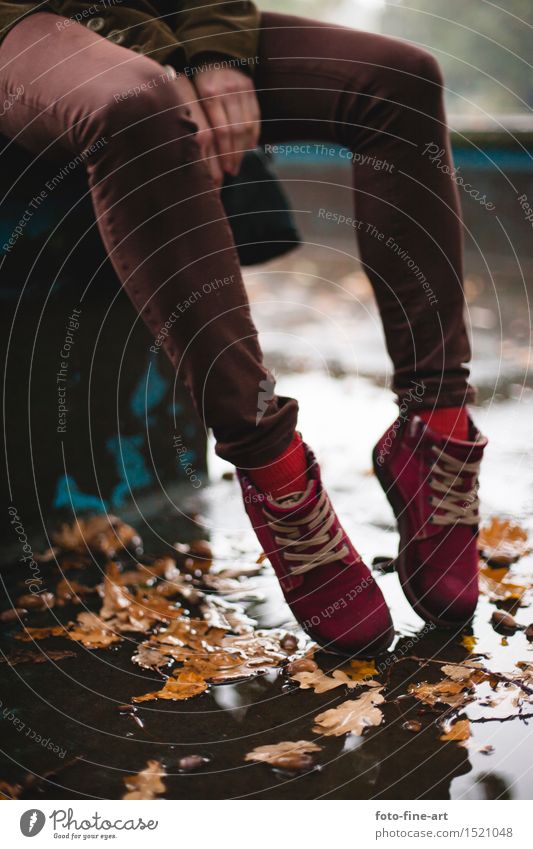 autumn Feminine Arm Hand Legs 1 Human being Autumn Leaf Blossom Cloth Sadness Esthetic Emotions Moody Romance "leaves," Footwear Fashion Red Park Rain