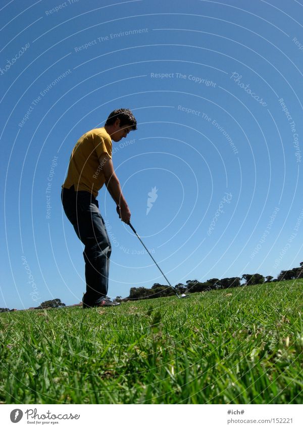 golf Green Golf Blue Human being Gentleman Masculine Yellow T-shirt Far-off places Grass Playing Tee off Sky Sports