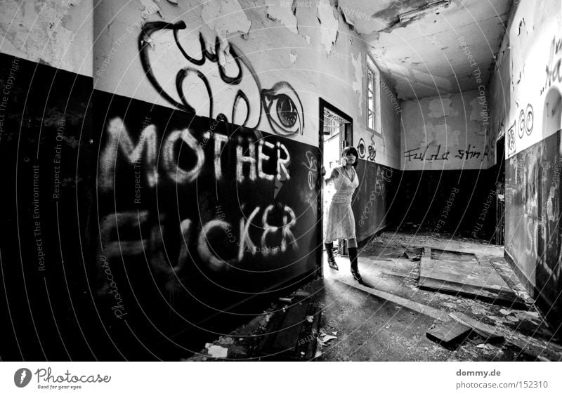 MO**ER FU**ER Woman Lady Dark Eroticism Graffiti Old Loneliness Ruin Dress Cold Light Lighting Black Fear Derelict Panic batman