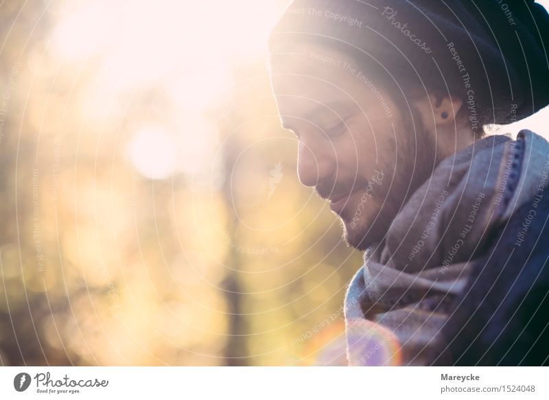 evening sun Human being Masculine Man Adults Face 1 Sunlight Autumn Beautiful weather Forest Scarf Cap Brunette Designer stubble To enjoy Dream Esthetic