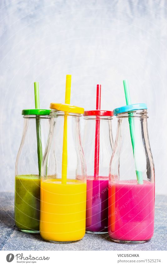 Vitamin smoothie in bottles with straws Food Vegetable Fruit Apple Orange Breakfast Organic produce Vegetarian diet Diet Beverage Cold drink Juice Longdrink