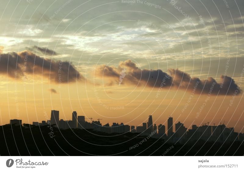 cloud train Sky Clouds Horizon Town Downtown High-rise Moody Singapore Vantage point Banking district Asia South East Asia Colour photo Exterior shot Dawn Day