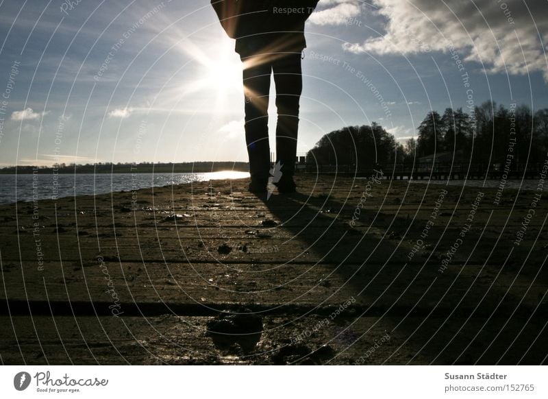 Towards the sun.... Sun Footbridge Winter Legs Walking To go for a walk Wood Wood grain Sky Clouds Sunbeam Cold Freeze Ice Beach Coast