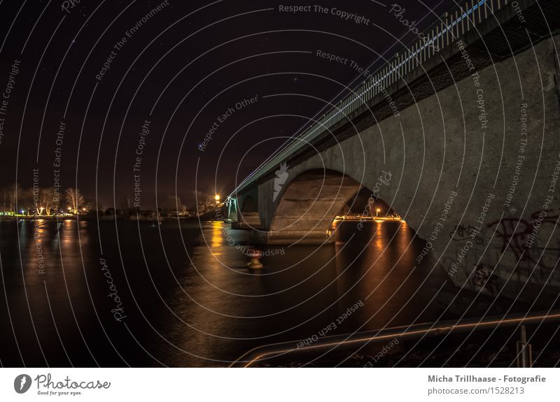 At night at the bridge Craft (trade) Construction site Architecture Landscape Water Sky Night sky Stars Waves Coast River bank Deserted Bridge