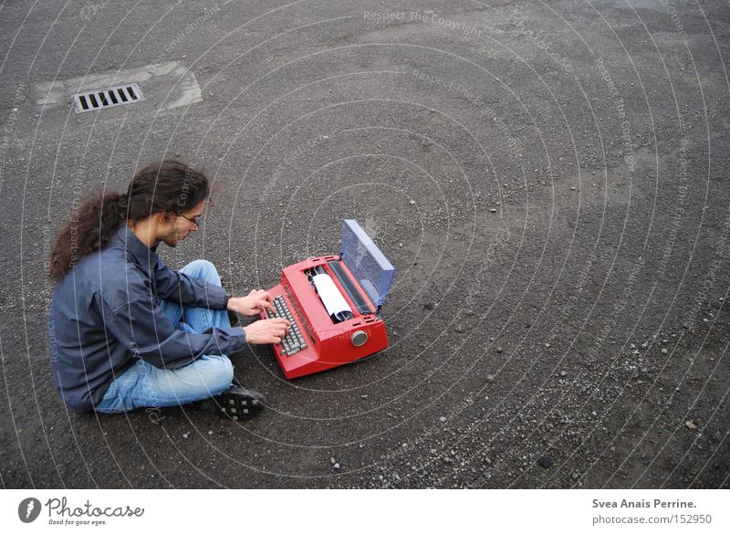 but I didn't read it. Human being Young man Youth (Young adults) Man Adults 1 Shirt Jeans Stone Communicate Write Sit Red Loneliness Typewriter Letter (Mail)