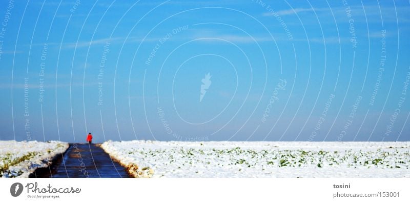 wide field [4] Winter Landscape Human being Field Snow To go for a walk Sky Clouds Far-off places Horizon White Blue Minimalistic