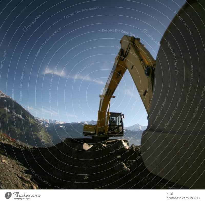 mines_building_site Excavator Construction site Federal State of Tyrol Mountain Peak Environment Environmental pollution Society Shovel Wide angle Fisheye