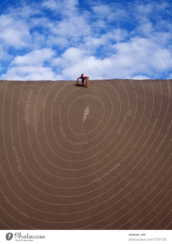 a girl is running up the Hill Sand Dune Beach dune Vacation & Travel Spain Gran Canaria Sky Woman Sandcastle Mountain Climbing Desert Africa Coast