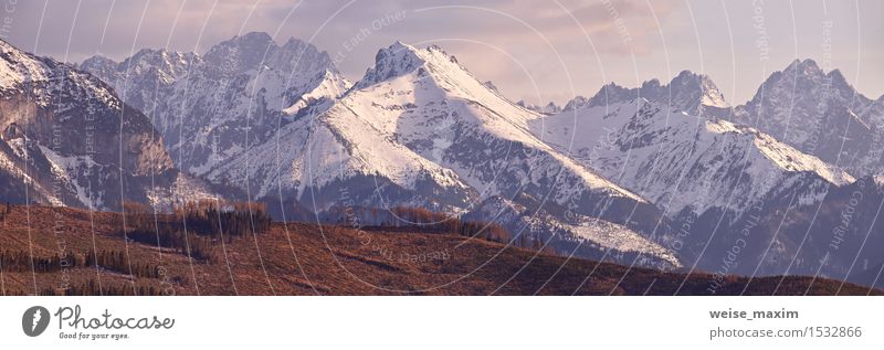 Panorama of snowy Tatra mountains in spring, south Poland Vacation & Travel Tourism Trip Sun Snow Mountain Landscape Sky Clouds Sunrise Sunset Spring