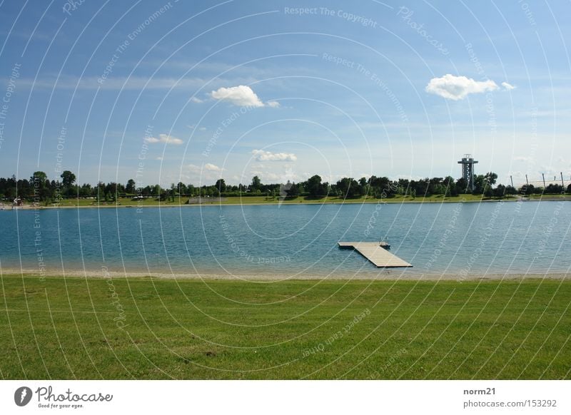 lake Lake Grass Green Blue Footbridge Water Sky Beach Tower Meadow