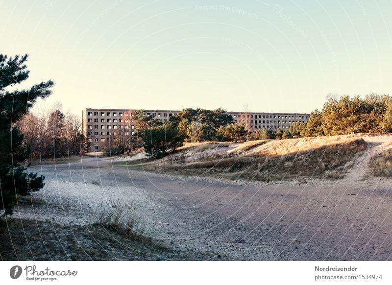 delusions of grandeur Tree Bushes Coast Baltic Sea Small Town Deserted House (Residential Structure) Ruin Manmade structures Building Architecture Facade