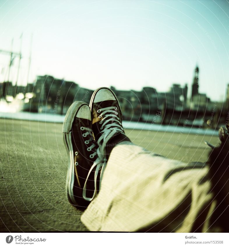 favourite place Relaxation Feet Sky Town Harbour Watercraft Footwear Concrete Sit Hamburg Jetty Pontoon St. Michael's Church Medium format Colour photo