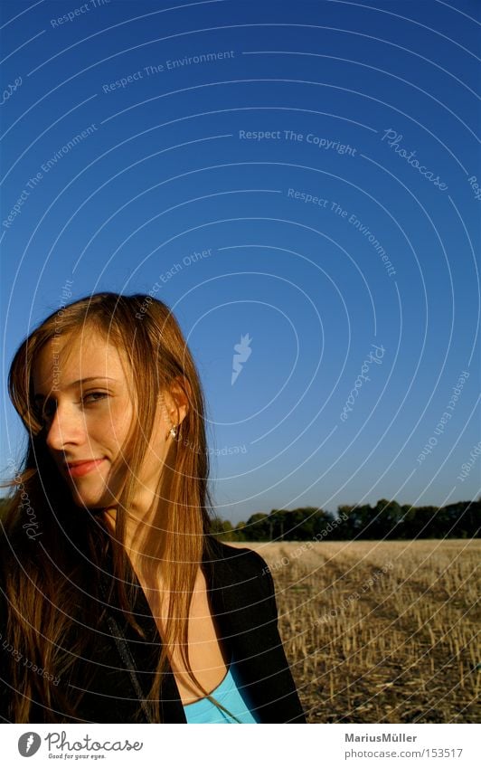 Grace! Beautiful Sky Blue Nose Long Hair and hairstyles Field Stubble field Bleak Joy Woman