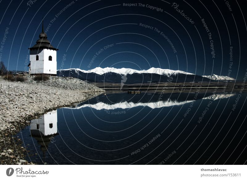 Lake Liptovska Mara 1 Retaining wall Water Reflection Tower Church Coast Sky Mountain House of worship Dam