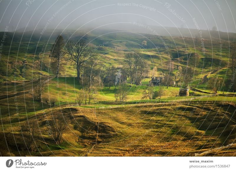 Foggy spring morning in mountain village. Fields and hills Vacation & Travel Mountain House (Residential Structure) Nature Landscape Sky Clouds Spring Tree