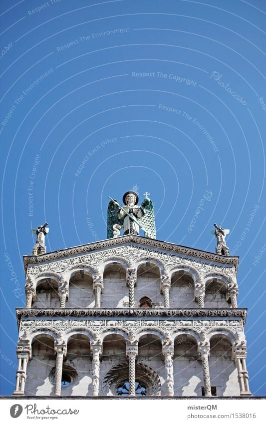 White tower of blue. Art Work of art Esthetic Building Part of a building Complex of buildings Tower Italy Tuscany Blue Old building Historic Tourist Attraction