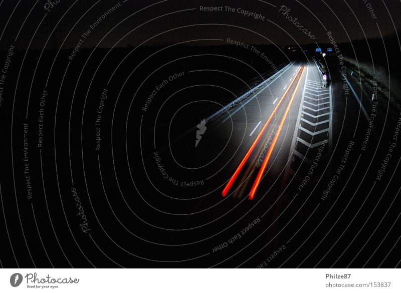 lonely night II Highway Night Long exposure Motor vehicle Dark Light Rear light Stripe Loneliness Calm Serene Bridge Traffic lane Tracks Street Transport Car