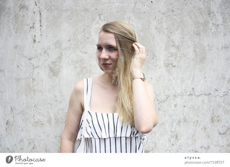 Stripes on concrete. Human being Feminine Young woman Youth (Young adults) Woman Adults Head Hair and hairstyles Face 1 18 - 30 years Wall (barrier)