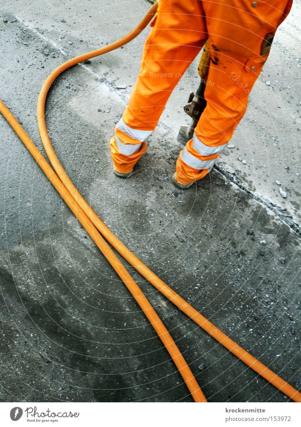 The future is orange Orange Asphalt Work and employment Working man Man Workwear Tar Street Gray Stripe Hose roadman Road construction