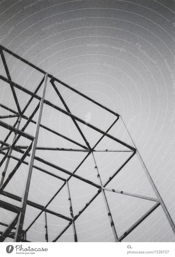 scaffolding Construction site Cloudless sky Beautiful weather Building Architecture Scaffolding Sharp-edged Complex Black & white photo Exterior shot Abstract