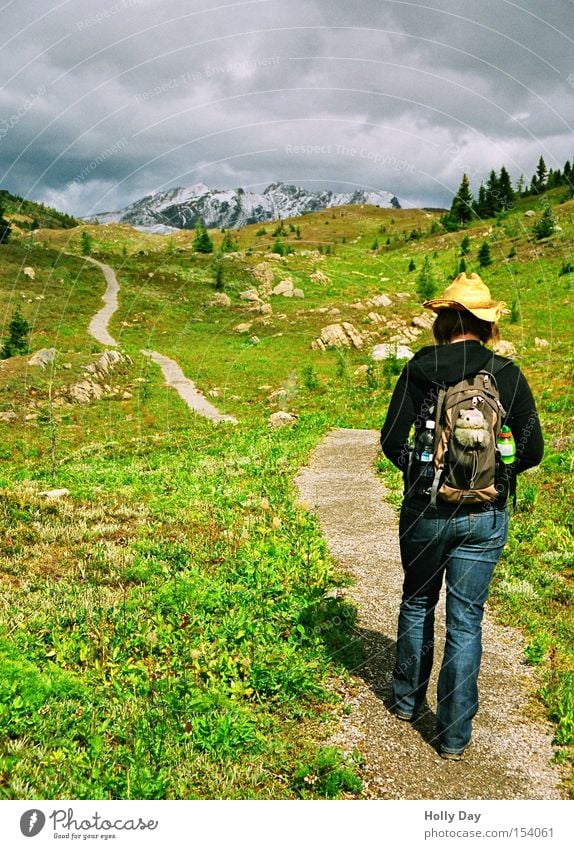 Heavy gear Leisure and hobbies Mountain Hiking Human being Woman Adults 1 Environment Landscape Sky Clouds Sunlight Summer Foliage plant Meadow Rock Peak