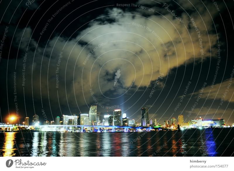 independence night Town Skyline Miami USA American Flag Americas Ocean Coast Night life Lighting Electricity Energy Lighting engineering High-rise Harbour