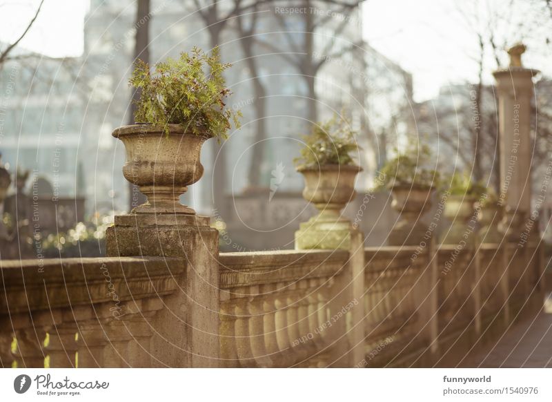 pots Deserted Architecture Historic Stone Fence Elegant Handrail Flowerpot Plant Pot plant Exterior shot Spring Border Fenced in Column Baroque Romance Day