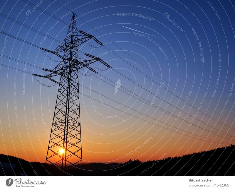 Solar energy Sunset Sunrise Solar Power Energy Energy industry Grating Sky Electricity High voltage power line Steel Electricity pylon Power transmission Tails