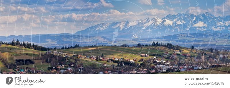 Malopolska Panorama with snowy Tatra mountains in spring Beautiful Vacation & Travel Snow Mountain Hiking Living or residing House (Residential Structure)