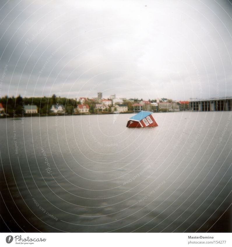 House overboard House (Residential Structure) Lake Go under Drown Water Sky Surrealism Reykjavík Iceland Holga Lomography Obscure tilted position