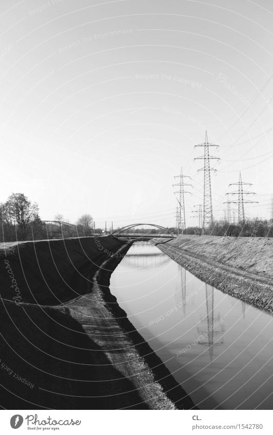 Ruhr Environment Nature Landscape Cloudless sky Beautiful weather River bank Bridge Navigation Inland navigation Electricity pylon Energy Perspective Target