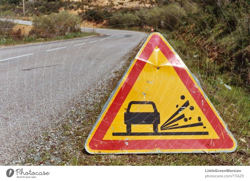 rolled gravel Road sign Triangle Red Yellow Country road Transport Old Caution